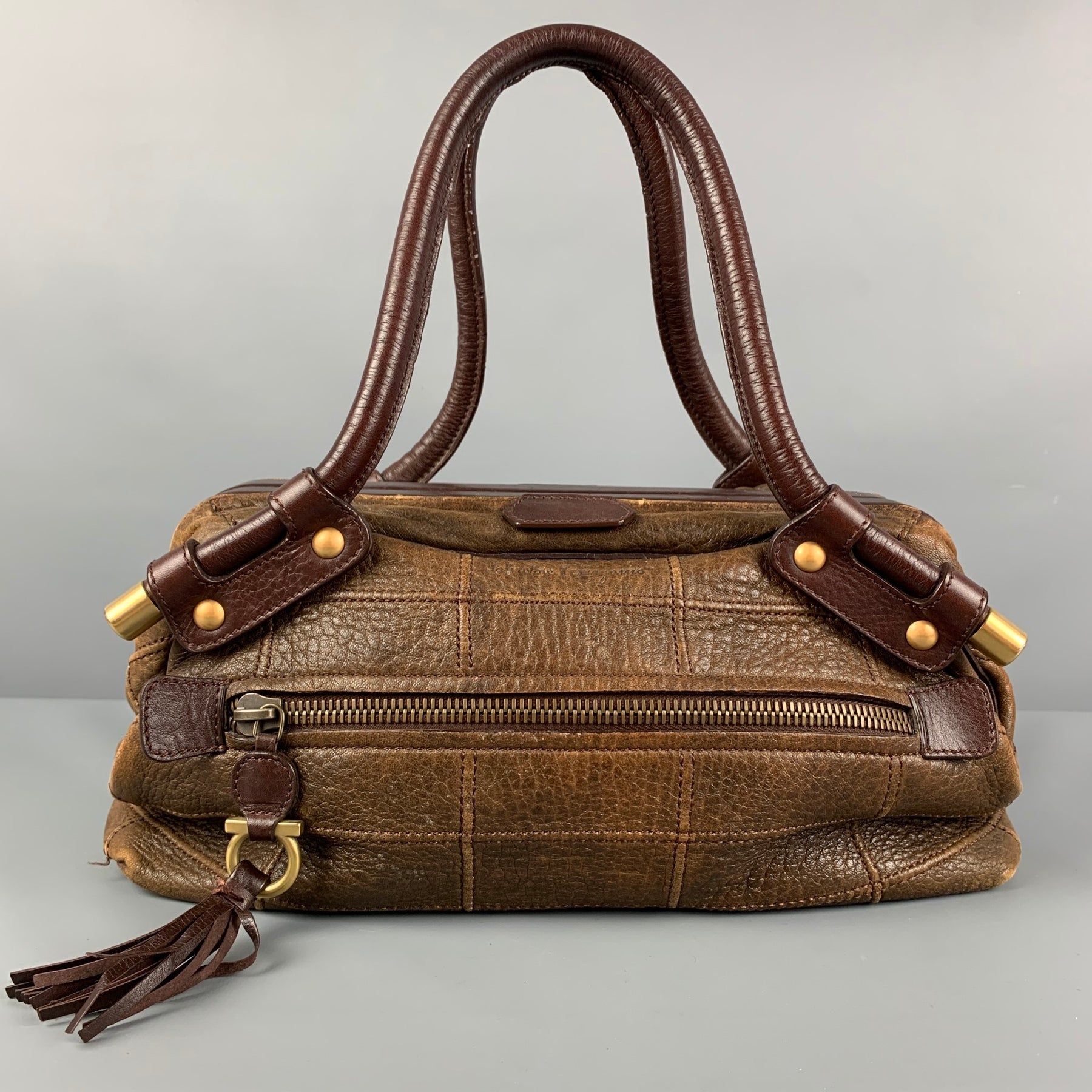SALVATORE FERRAGAMO Brown Quilted Leather Satchel Handbag