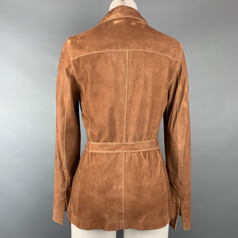ELIE TAHARI Talla S Chaqueta con cinturón de ante con costuras en contraste color canela