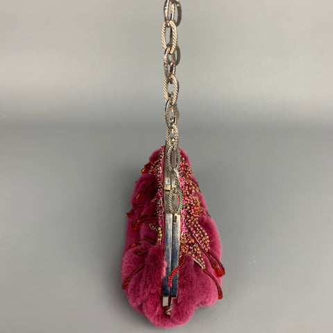 BADGLEY MISCHKA Purple & Silver Beaded Rhinestones Fur Handbag