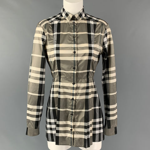 BURBERRY LONDON Size 4 Grey & Black Cream Polyester Plaid Long Sleeve Casual Top
