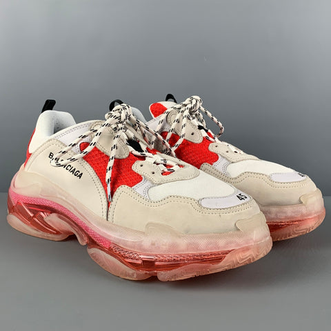 BALENCIAGA Size 12 White Red Mixed Materials Lace Up Triple S Sneakers