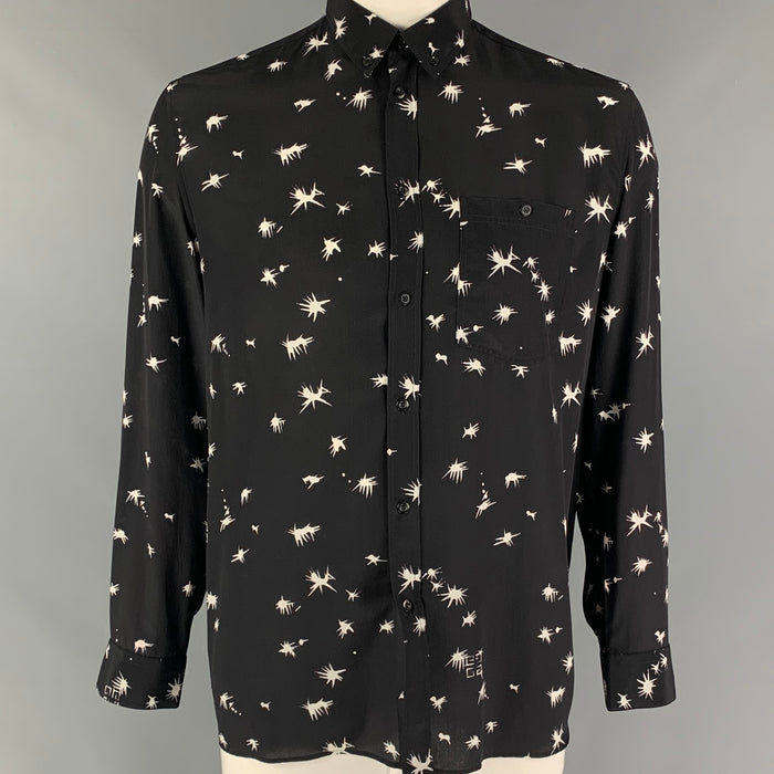 GIVENCHY Size L Black White Print Silk Button Up Long Sleeve Shirt