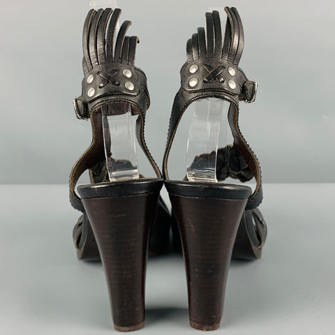 BALENCIAGA Size 8 Black Brown Leather Braided Chunky Heel Sandals