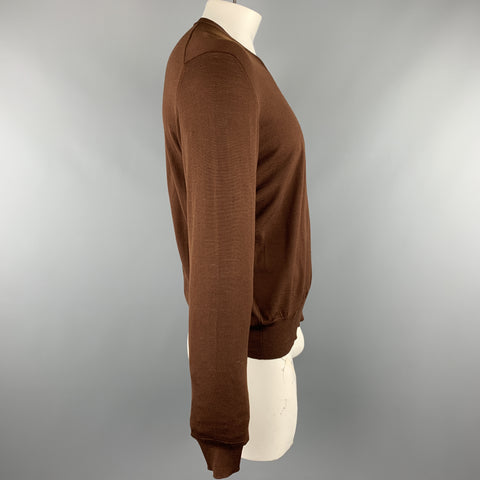 HERMES Size XL Brown Knitted Merino Wool V-Neck Pullover