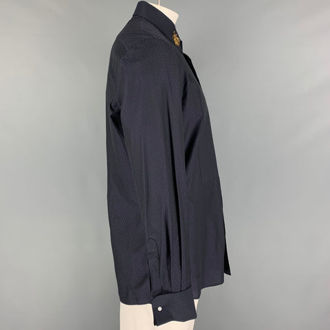 DOLCE & GABBANA Size XL Navy Rhombus Cotton Beaded Royal Bees Long Sleeve Shirt