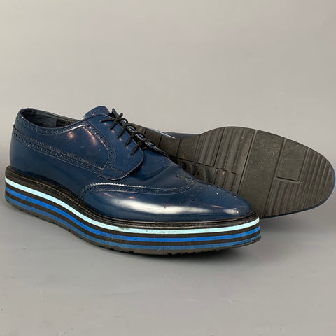 PRADA Size 13 Blue Perforated Leather Wingtip Lace Up Shoes