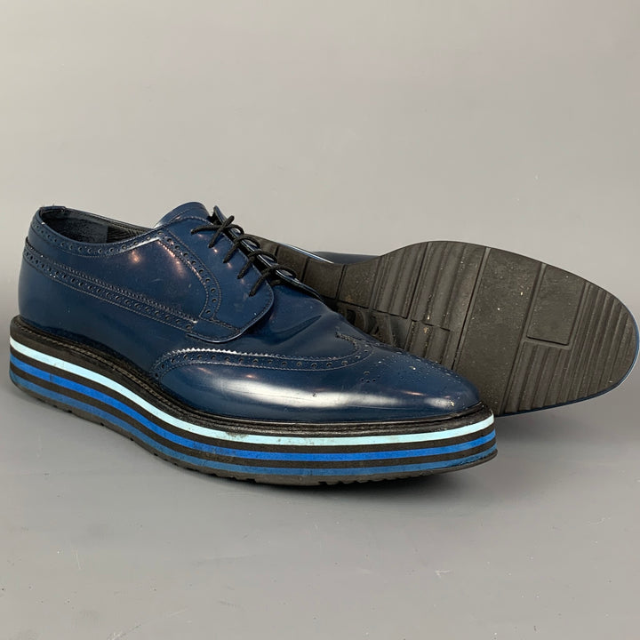 PRADA Taille 13 Chaussures à lacets en cuir perforé bleu Wingtip