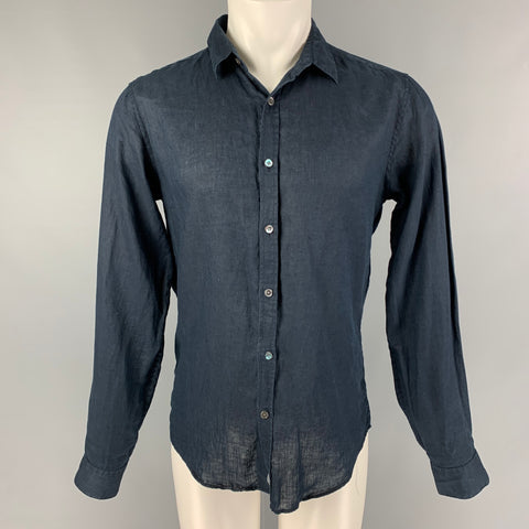 THEORY Size M Navy Linen Button Up Long Sleeve Shirt