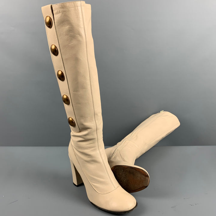 MARC JACOBS Size 7.5 Cream Leather Studded Chunky Heel Boots