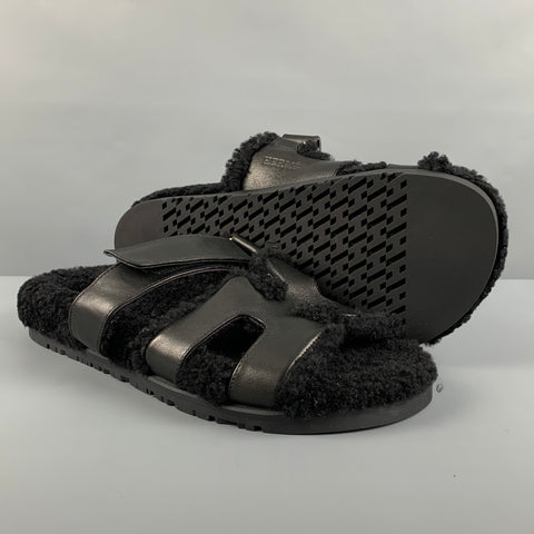 HERMES Size 9 Black Leather Sandals