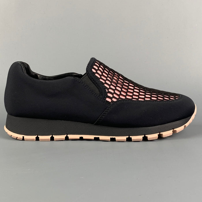 PRADA Size 7.5 Black &  Pink Nylon Mesh Slip Sneakers