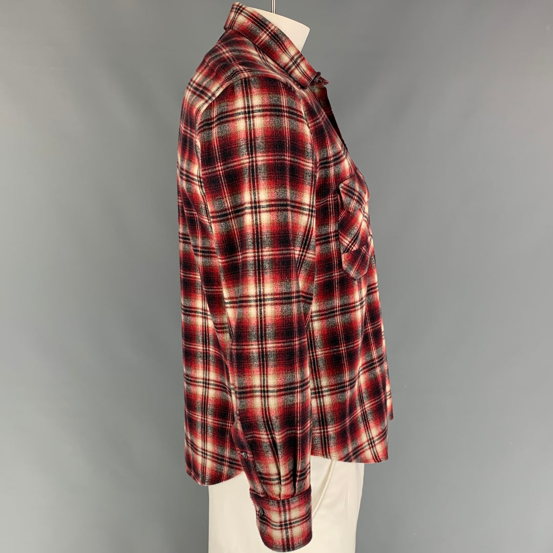 LOUIS VUITTON Size XL Red Black Plaid Cotton Button Up Long Sleeve