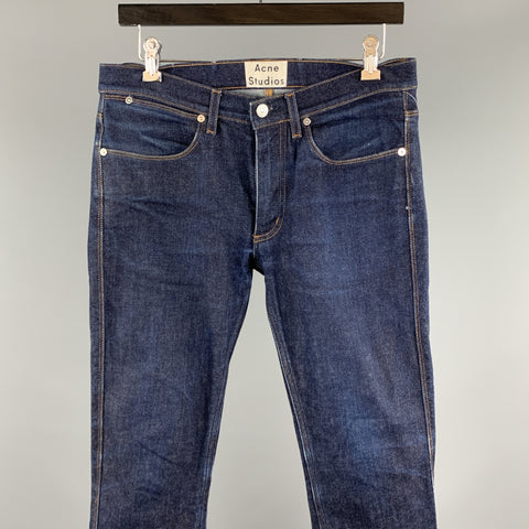 ACNE STUDIOS Size 31 x 32 Indigo Solid Cotton / Polyurethane Zip Fly Jeans