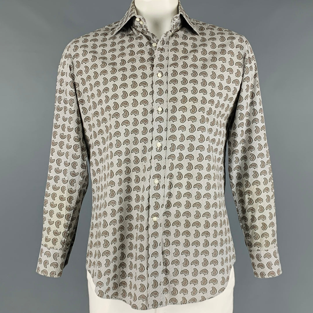 ETRO Size L Grey Brown Paisley Cotton Button Up Long Sleeve Shirt