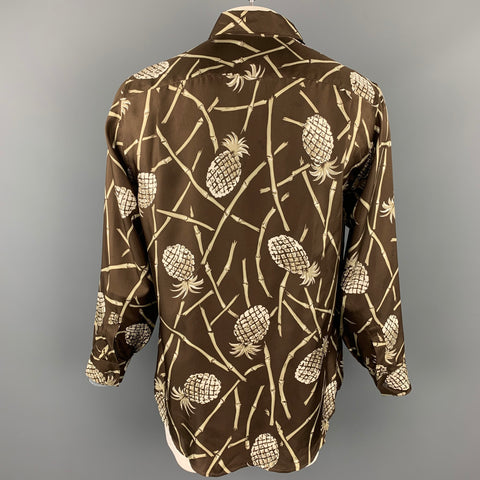 MICHAEL KORS Size L Brown & White Print Silk Button Up Long Sleeve Shirt