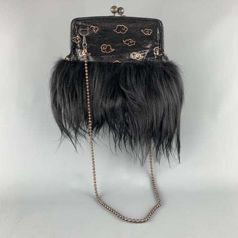 TSUMORI CHISATO Gold Copper Print Leather Goat Hair Trim Kiss Lock Bag
