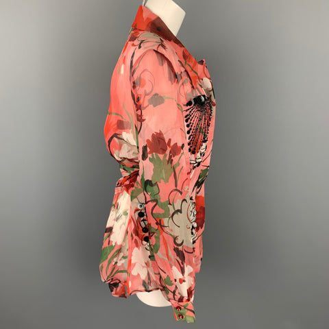 CAROLINA HERRERA Taille 10 Veste boutonnée en soie de plumes perlées roses