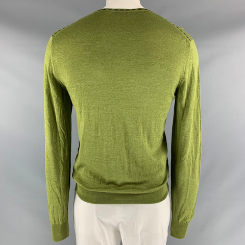 ETRO Size XL Green Contrast Stitch Wool &  Silk V-Neck Pullover