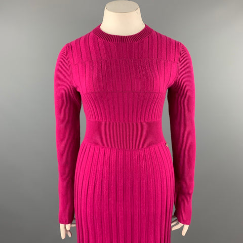 CHANEL Talla 10 Vestido tipo suéter con cuello redondo y lana plisada de punto fucsia