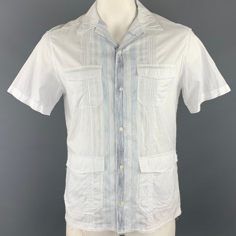 ELIE TAHARI Size M White & Blue Pinstripe Cotton Short Sleeve Shirt