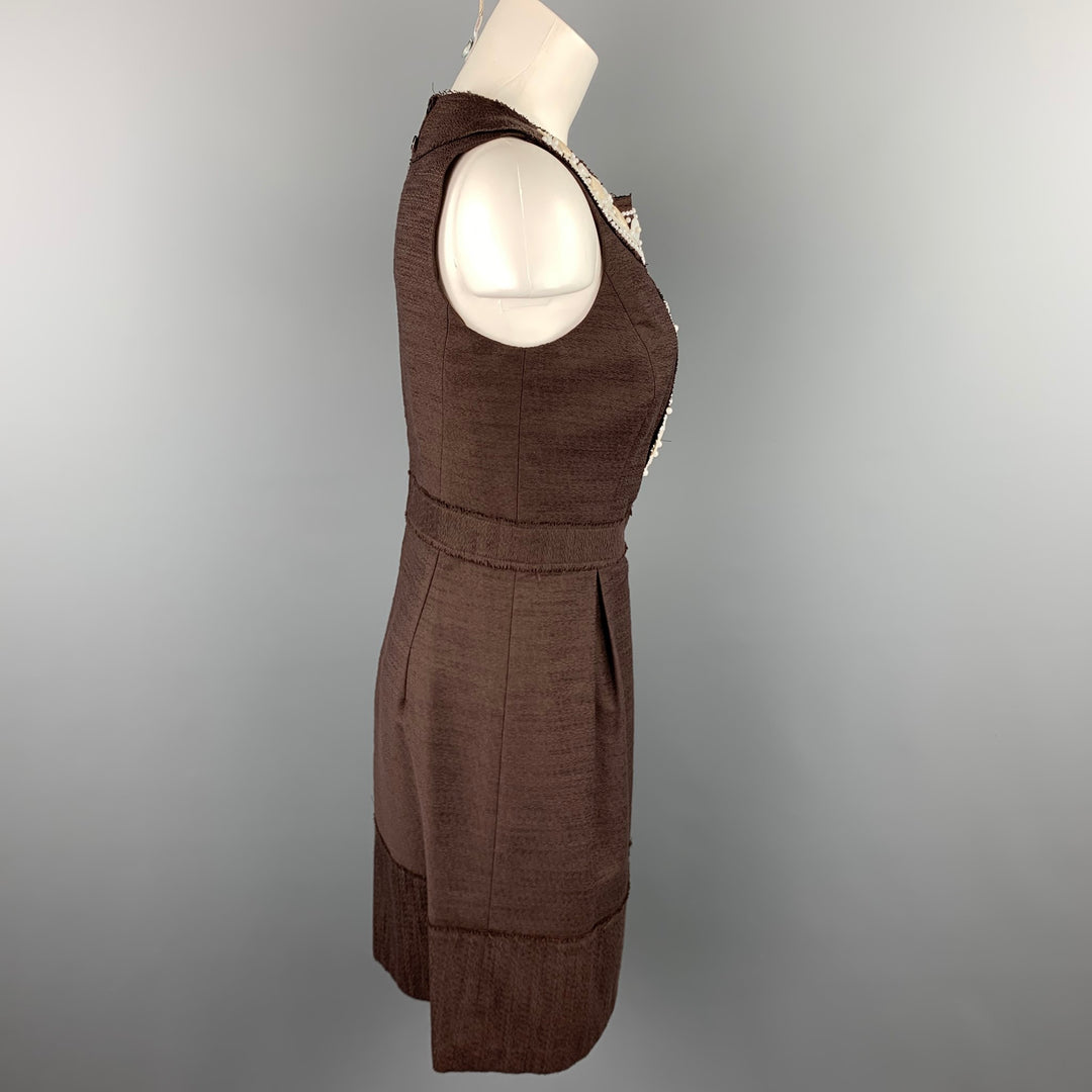 MILLY Talla 6 Vestido tubo de poliéster / algodón con cuentas texturizadas marrón