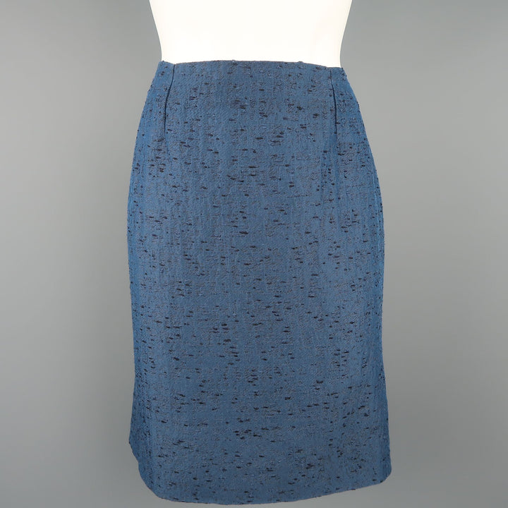 VALENTINO Size 6 Blue Textured Taffeta Pencil Skirt