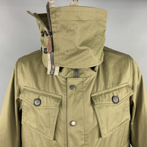 BURBERRY PRORSUM Resort 2013 Size 42 Olive Cotton Zip & Snaps High Collar Hooded Jacket