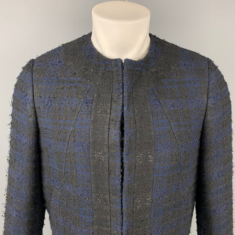 GIVENCHY Talla 38 Chaqueta sin cuello de mezcla acrílica de tweed azul marino y negro