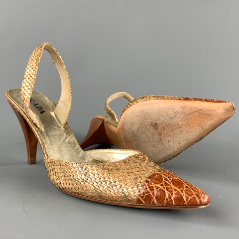 PRADA Lauren Size 9.5 Gold & Cognac Alligator Slingback Sandals