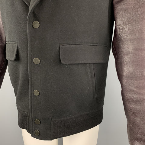 ALEXANDER WANG Size M Black & Burgundy Mixed Materials Wool Leather Sleeves Notch Lapel Jacket