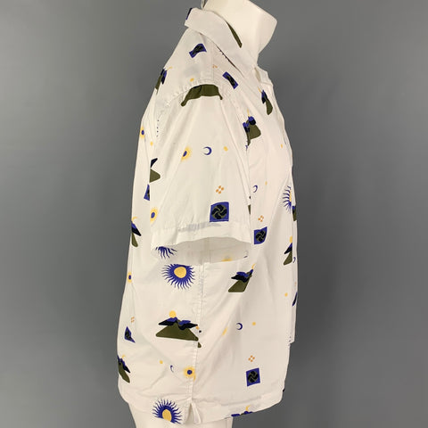 SATURDAYS NYC Size M White Olive Print Nylon Camp Short Sleeve Shirt
