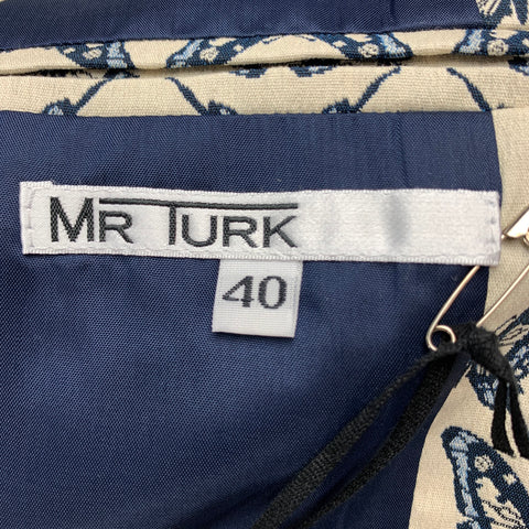 MR TURK Size 40 Beige & Navy Butterfly Print Cotton Blend Notch Lapel Suit