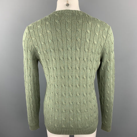 RALPH LAUREN Size M Moss Green Cable Knit Silk / Cashmere Crew-Neck Sweater