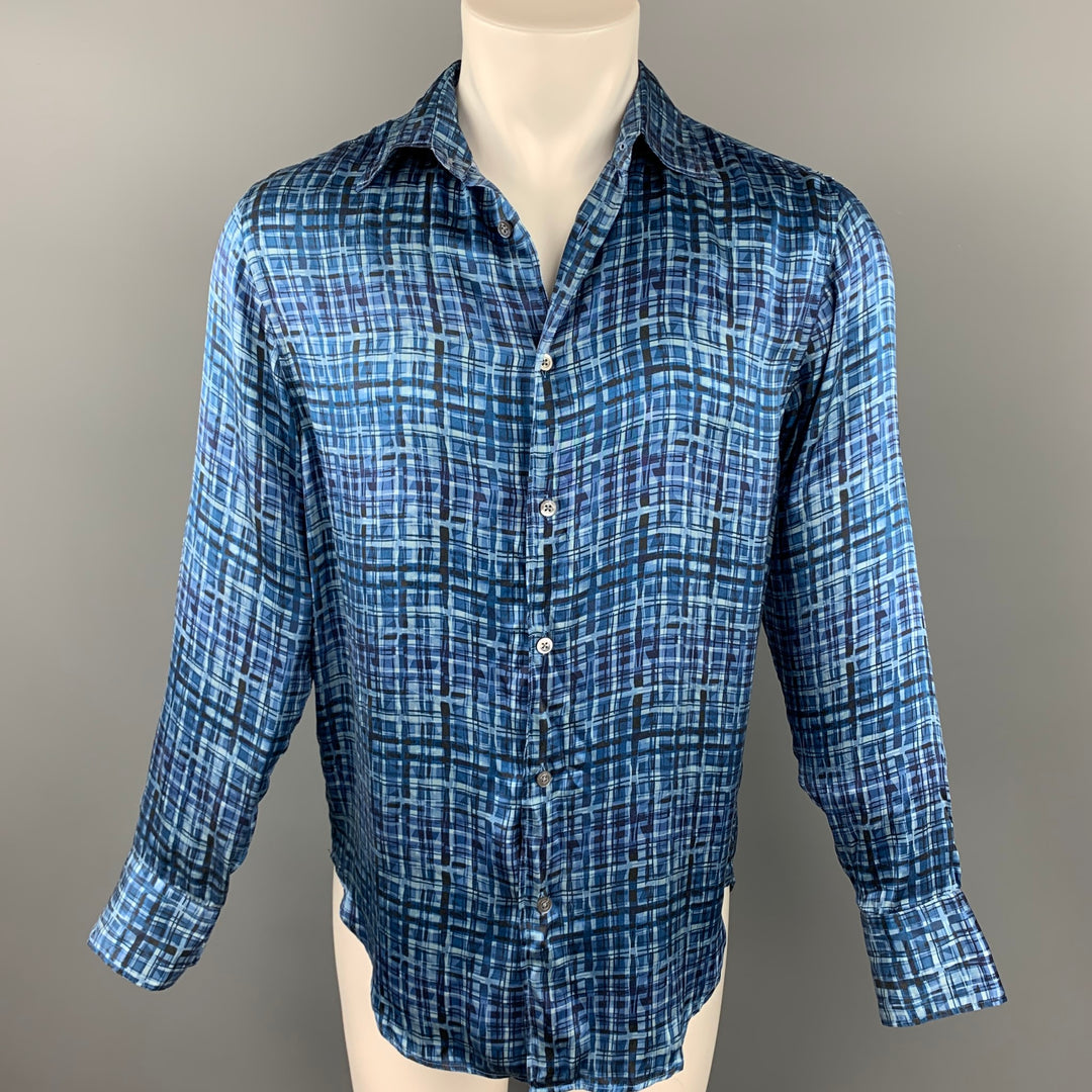 ARMANI COLLEZIONI Size M Blue & Navy Print Silk Button Up Long Sleeve Shirt