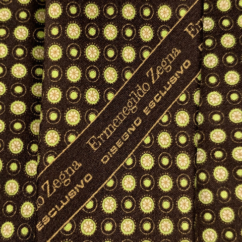 ERMENEGILDO ZEGNA Brown Green Dots Silk Satin Tie