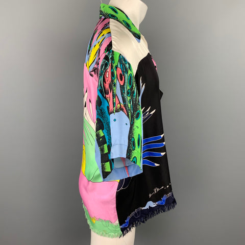 MARNI x BRUNO BOZZETTO Size M Multi-Color Print Silk Raw Edge Oversized Short Sleeve Shirt