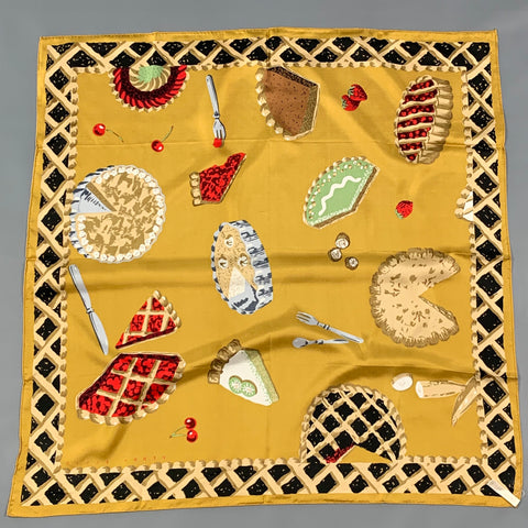 PERRY ELLIS Gold Black Pastries Print Silk Scarf