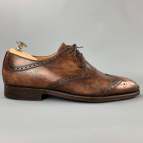 BONTONI Size 10 Brown Burnished Perforated Leather Wingtip Lace Up Shoes