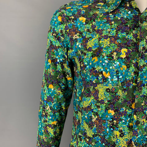 DRIES VAN NOTEN SS20 Sze M Green Blue Sequined Long Sleeve Shirt