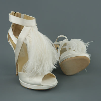 JIMMY CHOO US 8.5 / IT 38.5 White Silk / Leather Ostrich Feather Bridal Sandals