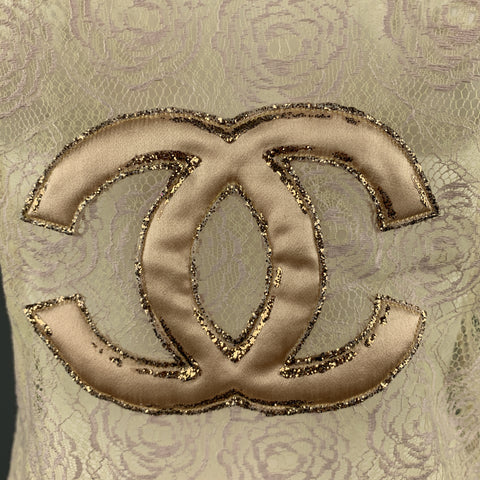 CHANEL Size 10 Beige Lace Glitter CC Pink Patch Cruise 2004 Top