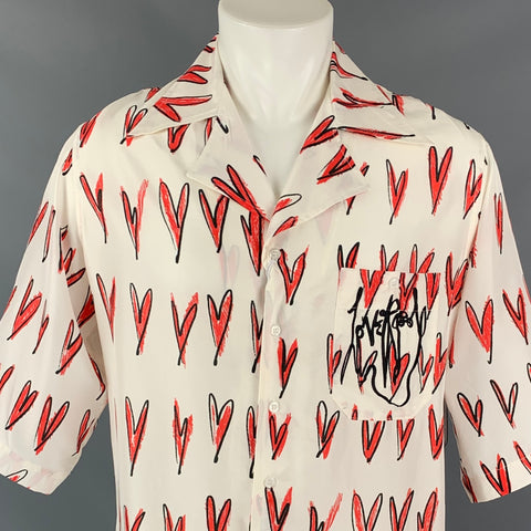 LOVERBOY by CHARLES JEFFREY Size S White & Red Print Silk Camp Short Sleeve Shirt