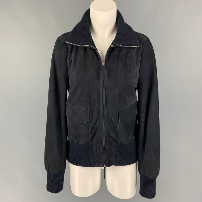 THE ROW Size S Navy Cashmere Blend Lamb Skin Bomber Jacket
