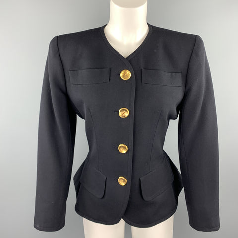 YVES SAINT LAURENT Rivve Gauche Size 6 Navy Wool Collarless Blazer