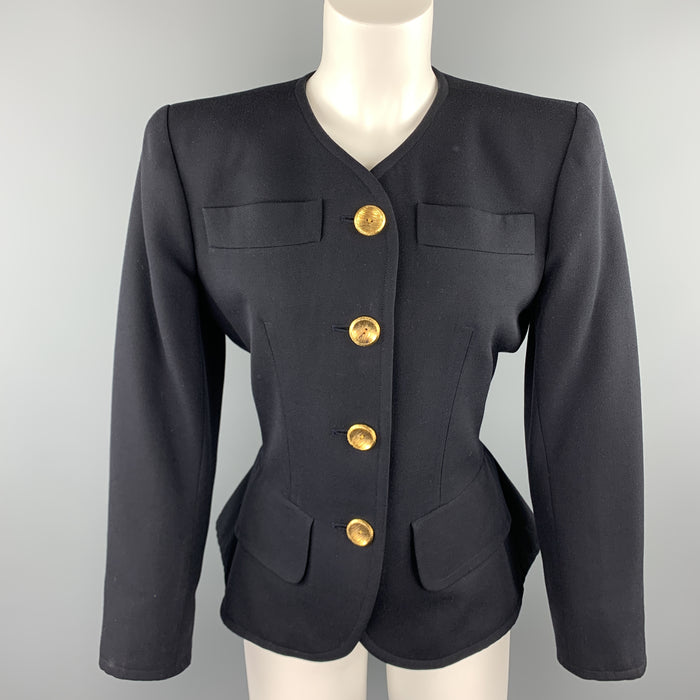 YVES SAINT LAURENT Rivve Gauche Size 6 Navy Wool Collarless Blazer