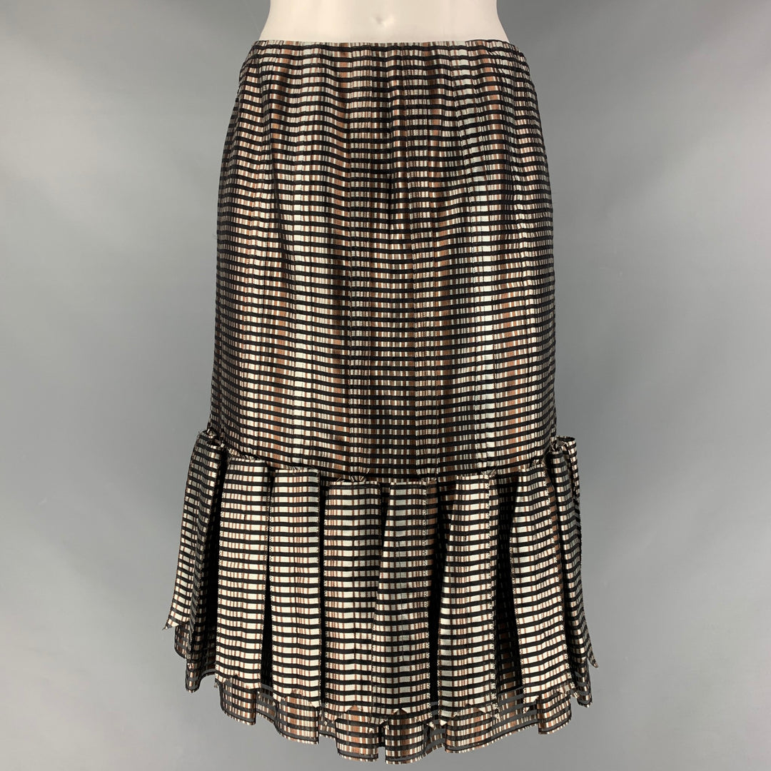 CAROLINA HERRERA Size 4 Grey,  Black &  Brown Silk Checkered Pleated Skirt
