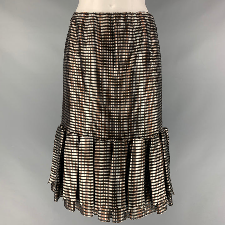 CAROLINA HERRERA Size 4 Grey,  Black &  Brown Silk Checkered Pleated Skirt