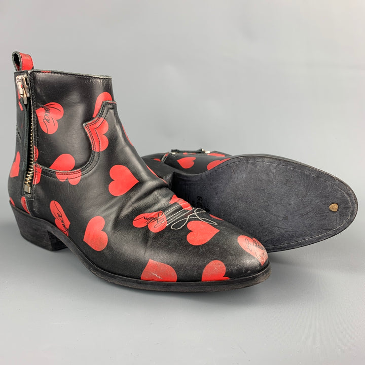 GOLDEN GOOSE Viand Size 7.5 Black & Red Heart Print Leather Ankle Boots