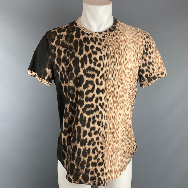 JUST CAVALLI Size XL Tan & Black Leopard  Print Cotton T-shirt