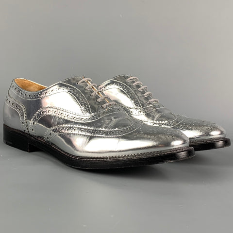 CHURCH'S Size 7.5 Silver Perforated Metallic Leather Wingtip Shoes